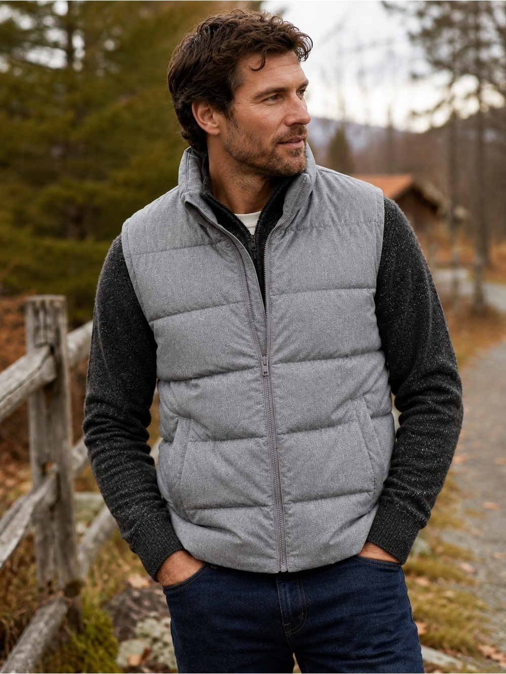Old Navy Mens Vest XL Gray Herringbone Full Zip Quilted Winter Pockets